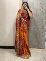 Designer Multicolor Peacock Bandhej Saree | Embroidered Stone Work Saree - Image 4