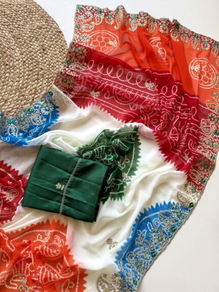 Designer Falguniya White Bandhej Saree
