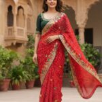 Chauth Special Chinon Silk Bandhej Saree