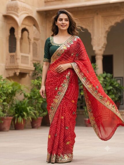Chauth Special Chinon Silk Bandhej Saree