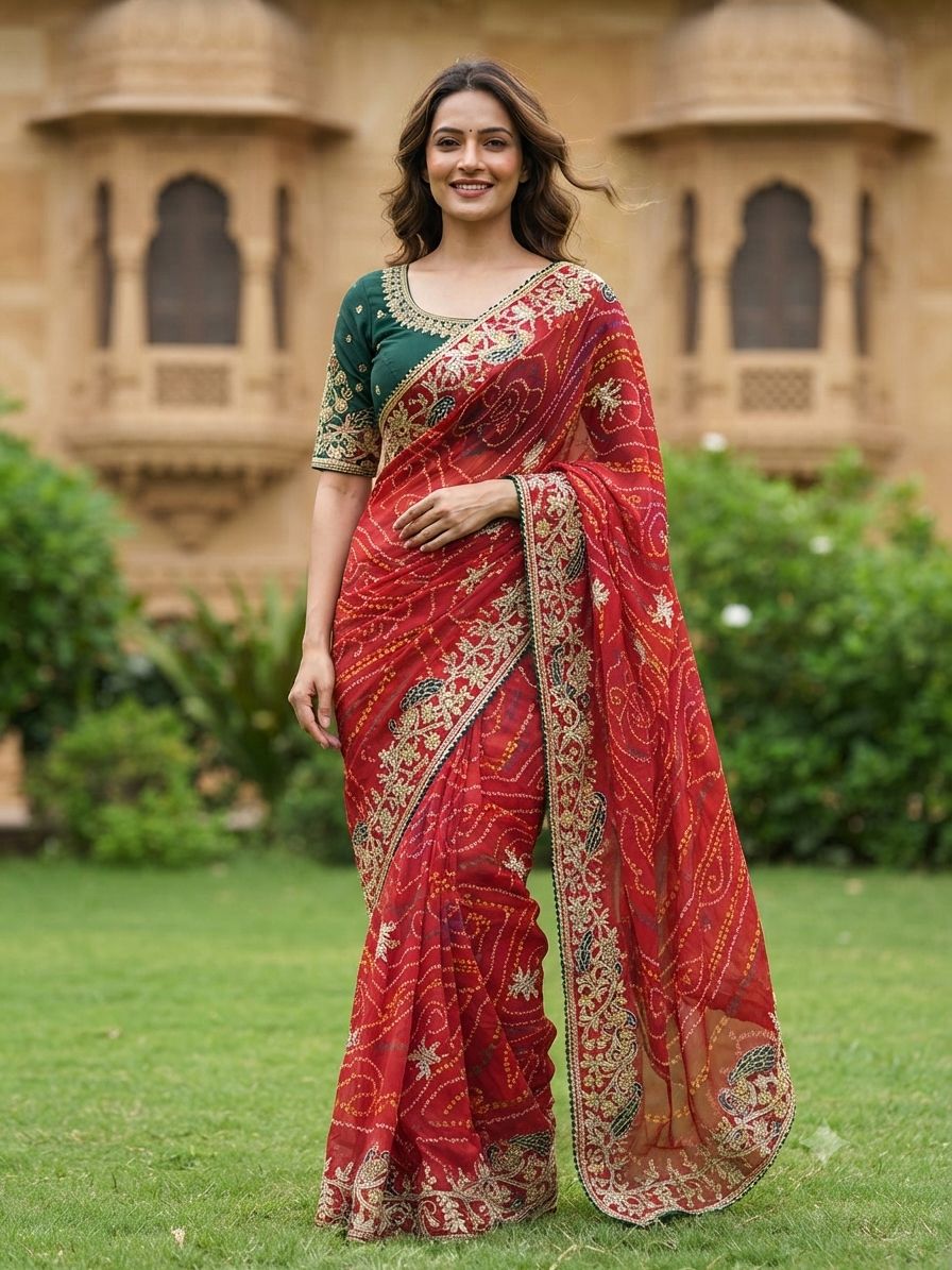 Karwa Chauth Special Georgette Bandhej Saree Diamond Handwork Karwa Chauth Special Georgette Bandhej Saree Diamond Handwork