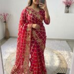 Karwa Chauth Special Viscose Silk Checks Bandhej Saree |Sequence Work