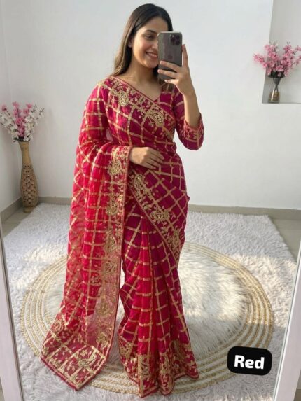 Karwa Chauth Special Viscose Silk Checks Bandhej Saree |Sequence Work